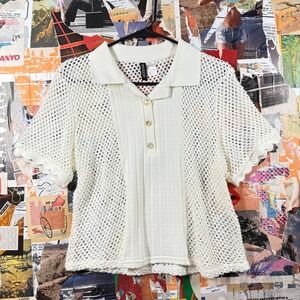 H&M DIVIDED White Crochet Knit Polo Shirt Top Blouse Women's Size L‎
